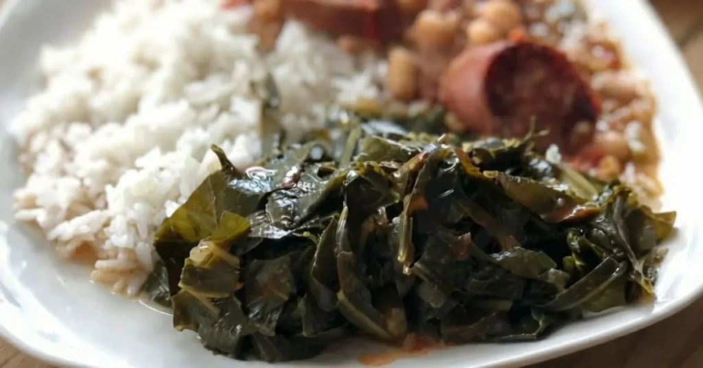 Meatless collard greens served with beans, rice, and sausage