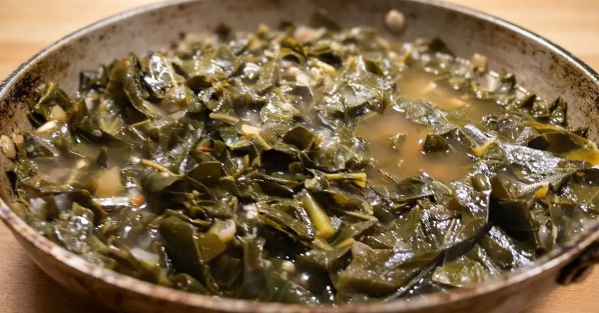 Tender meatless collard greens cooked with garlic, onion, and savory seasonings