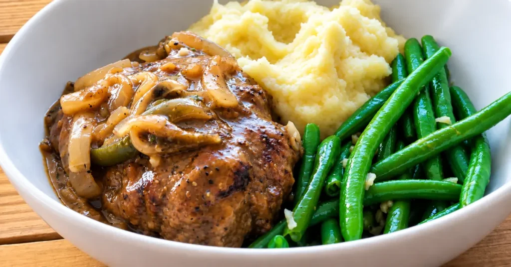 A white bowl with Salisbury steak covered in an onion gravy with garlic string beans and fluffy mashed potatoes .