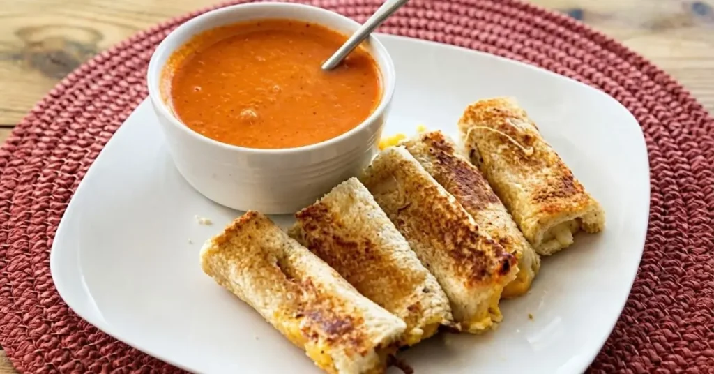 Garlic bread grilled cheese roll-ups served on a platter with tomato soup for dipping