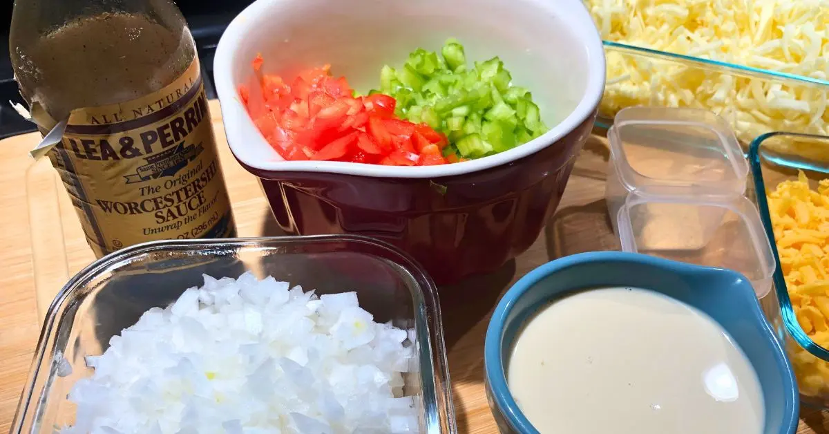 Diced green and red bell peppers, onion, and evaporated milk for Philly cheesesteak dip